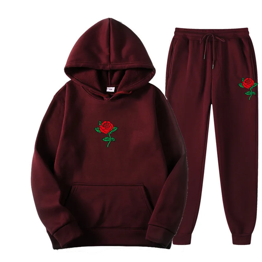 Suits Tracksuits Men Harajuku Rose Flower Print  Hoodies Winter Sweatshirt Casual 2-piece Set Jogger Pants+Pullovers Streetwear (10)