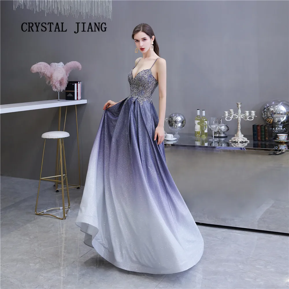 

Luxury Gradient Evening Dress 2020 A Line Crystal Beaded Formal Gown vestido de festa Long Dress Evening
