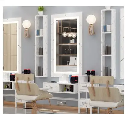 Barber's mirror table hanging wall solid wood cabinet mirror LED lamp marble ironing and dyeing