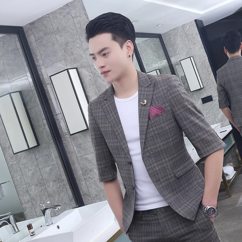 

New Summer Korean Version Of The Self-cultivation Seven-point Sleeve Suit Suit Men's Business Casual Small Suit Two-piece (top +