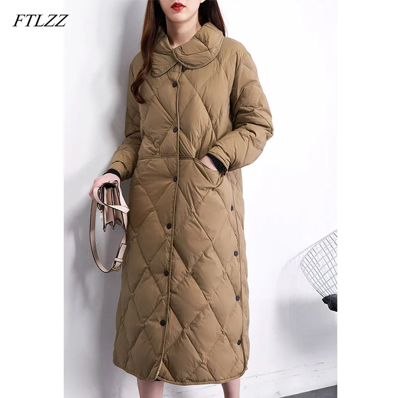 Kopen FTLZZ Nieuwe Winter Stand Kraag Lange Witte Eend Donsjack Vrouwen Enkele Breasted Parka Khaki Zwart Down Sneeuw Overjas