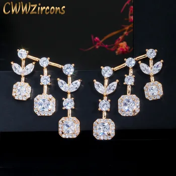 

CWWZircons Gorgeous Leaf and Square Drop Cubic Zirconia 585 Gold Color Dangle Earring for Women Fashion Brand Jewelry Gift CZ623