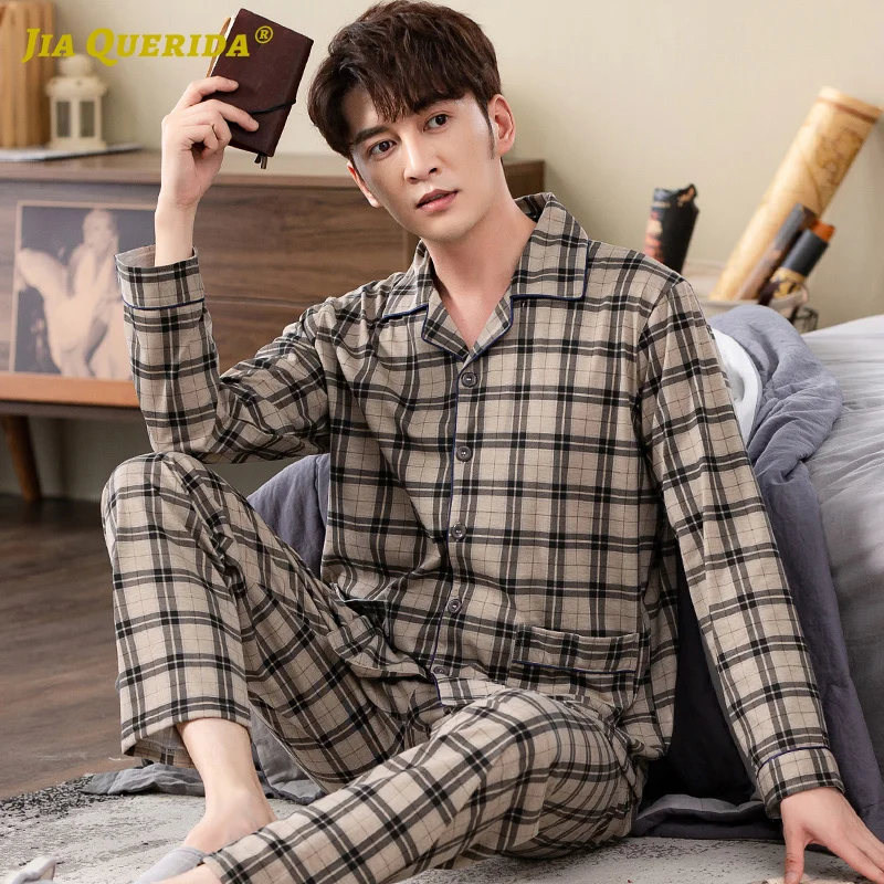 

New Soft Front Pocket Long Sleeve Long Pants Sleepwear Turn Down Collar Plaid Printing Man Clothes Pajamas Set Pajamas for Man