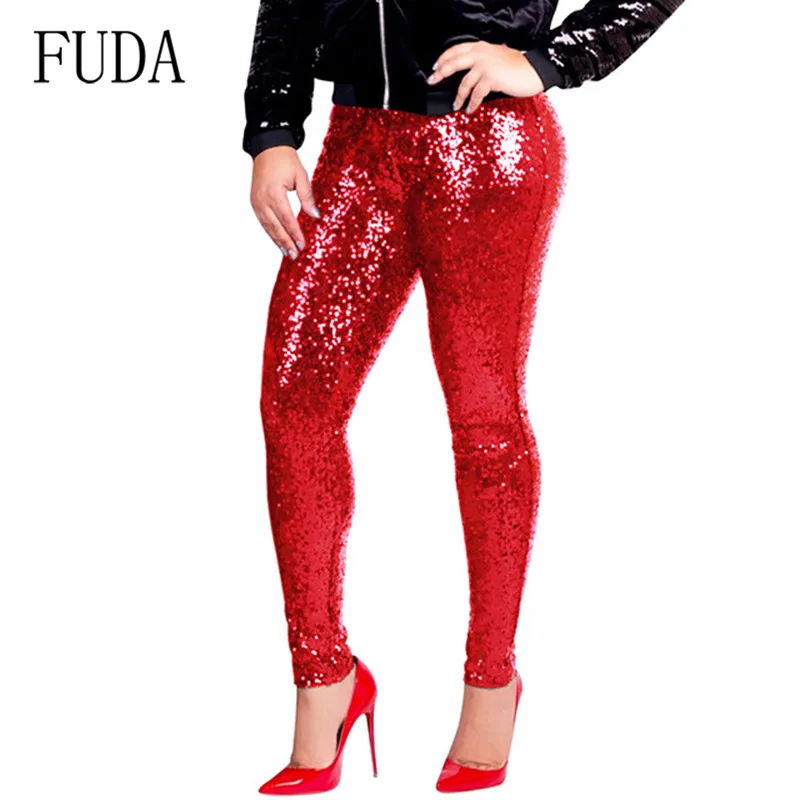 

FUDA Sexy Sequins with Lining Slim Trousers Glitter High Waist Bodycon Pants Reflective Club Festival Party Shine Trousers Mujer