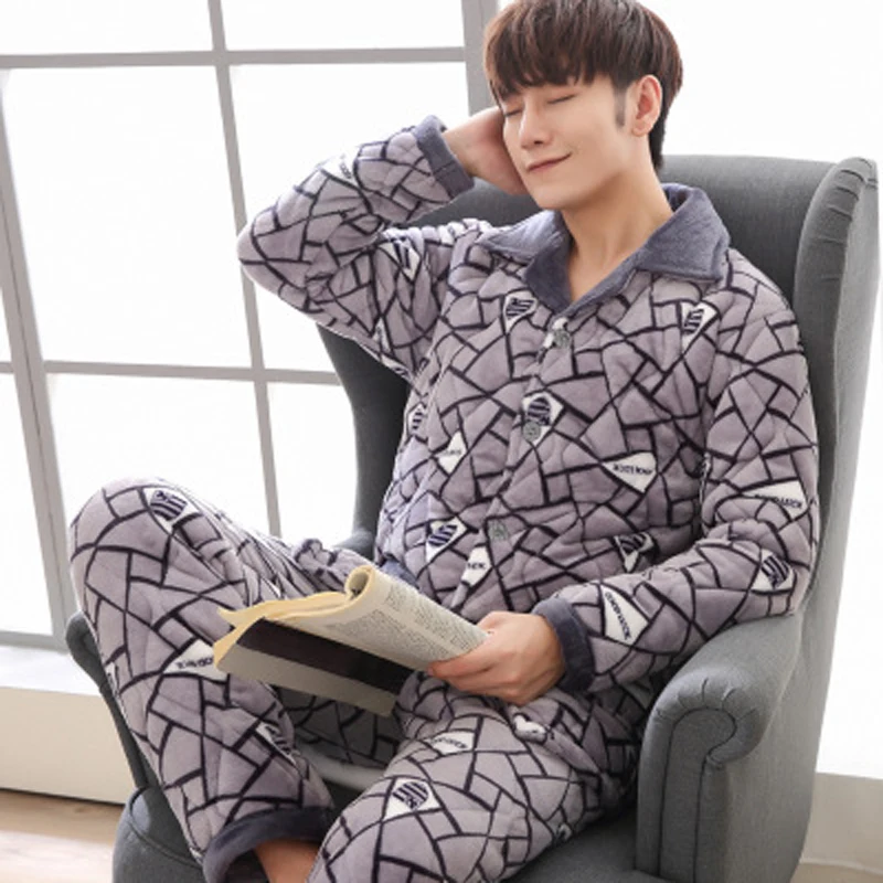 Men's Pijama Feminino Winter Coral Wool Thickened With Wool Three Layer Cotton-padded Jacket Autumn Winter Warm Flange Wear