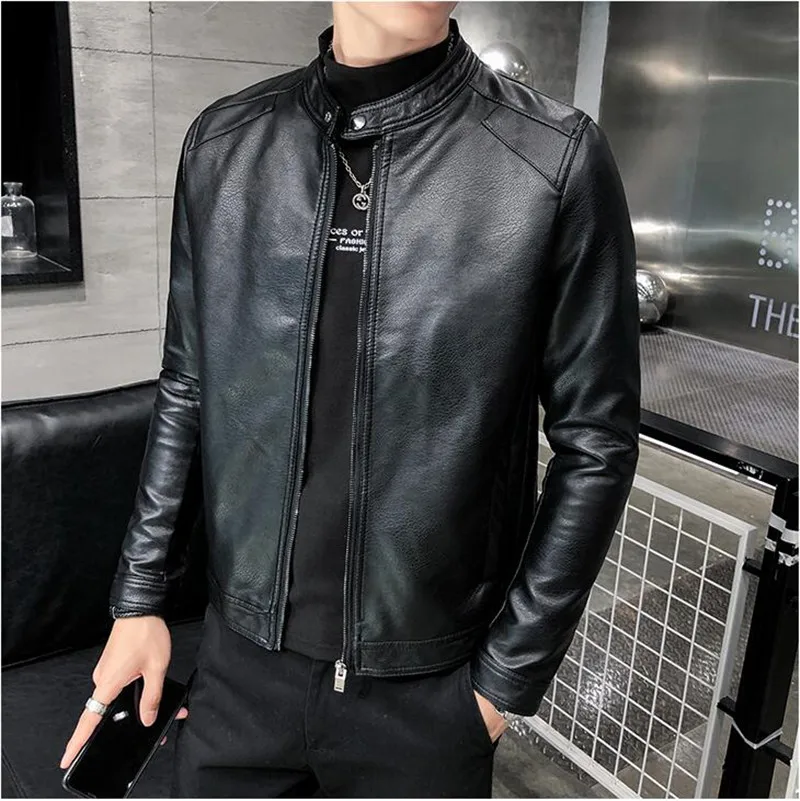 Зимняя мужская Корейская версия, стоячий воротник, кожаная куртка, Молодежная, красивая, тонкая, мотоциклетная, моющаяся, кожаная куртка, Мужская, модная куртка