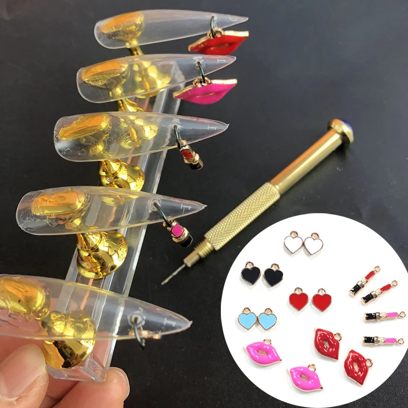 3d Nail Piercing Jewelry Metal Charm Dangle Sexy Lips Valentine's Day Rhinestones Salon Piercing