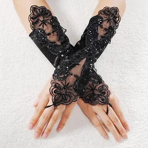 Черный Модный сексуальный Braut Partei Fingerlose Perle Spitze Satin Handschuhe Kostüm Braut Weiß Rot Spitze Handschuhe Hochzeit zubehёr - Цвет: Черный