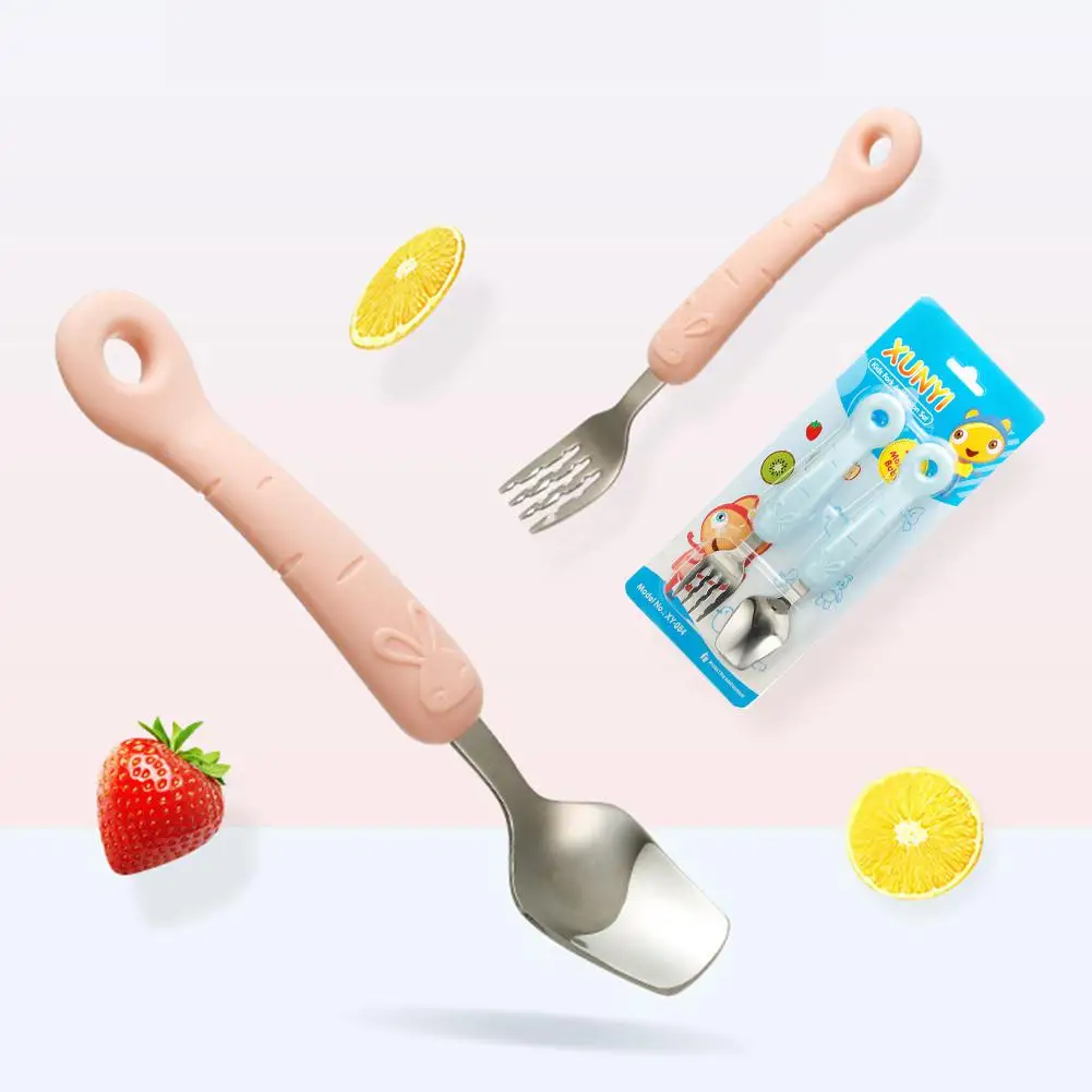 Kuulee дети младенец мультфильм кролик из нержавеющей стали ложка+ вилка Набор посуды безопасная и Нетоксичная посуда более 12 месяцев
