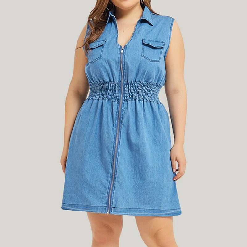 

Summer Womens Beach Pocket Denim Dress Ladies Casual V Neck Zipper Jeans Mini Dress Female Plus Size Solid Dress Holiday L-5XL