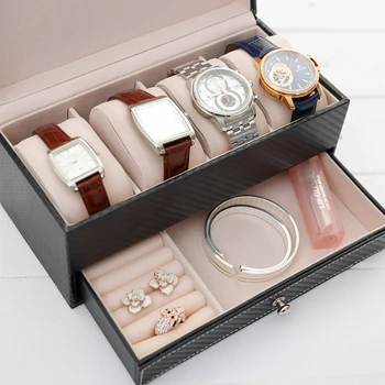 

2 IN 1 Faux Leather Black Large Space Display Case Multifunctional With Drawer Cuff-link Box Watch Organizer Storage Box Durable