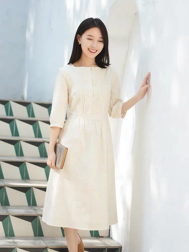 

CYNTHIA 2020 Spring Women's Dress Female Summer Vintage Pleated Square Collar Cotton Dot 3/4 Sleeve Long Dress
