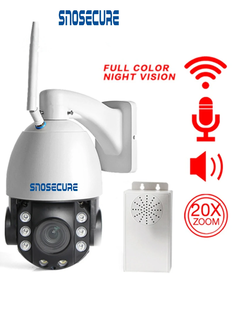

SNOSECURE MINI PTZ Dome 20X Optical Zoom 1080P WIFI IP Camera Outdoor Wireless Onvif Two Way Audio Full Color Night Vision PTZ