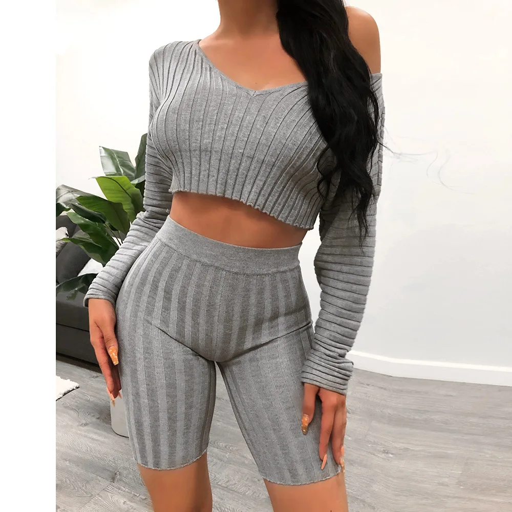 

Fashion Long Sleeve Crop Top and Shorts Sets Women Off Shoulder T Shirt Short Pant Tracksuit Female Fitness Clothes