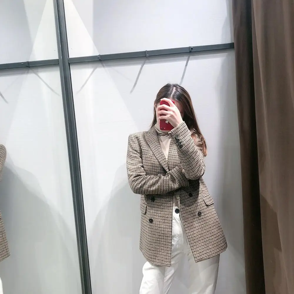 Women Fashion Vintage Casual Plaid Blazer Double Breasted Office Ladies Jacket Coat Notched Collar Long Sleeve Suits