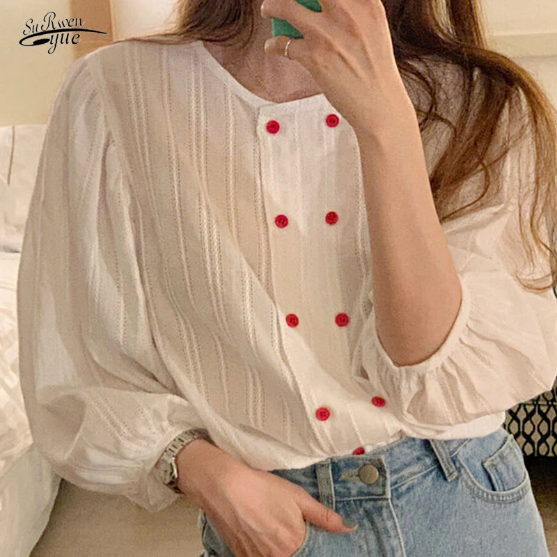 

Женская двубортная блузка с круглым вырезом, свободная плиссированная рубашка с пышными рукавами, модель 15871 в Корейском стиле