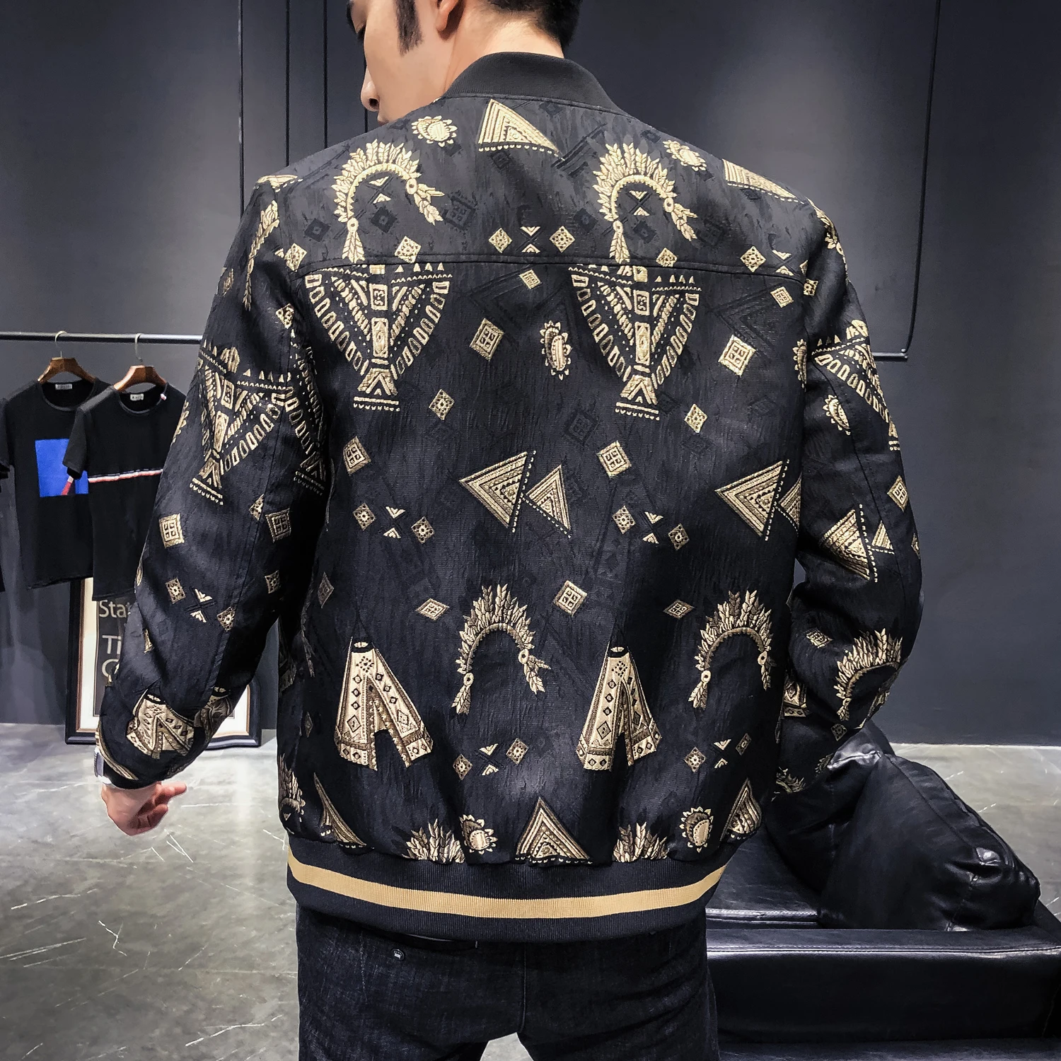 Жаккардовые куртки для мужчин s Slim Fit куртки Черное золото печатных пальто мужская стильная одежда золотые Печатные шикарные куртки барокко мужчин