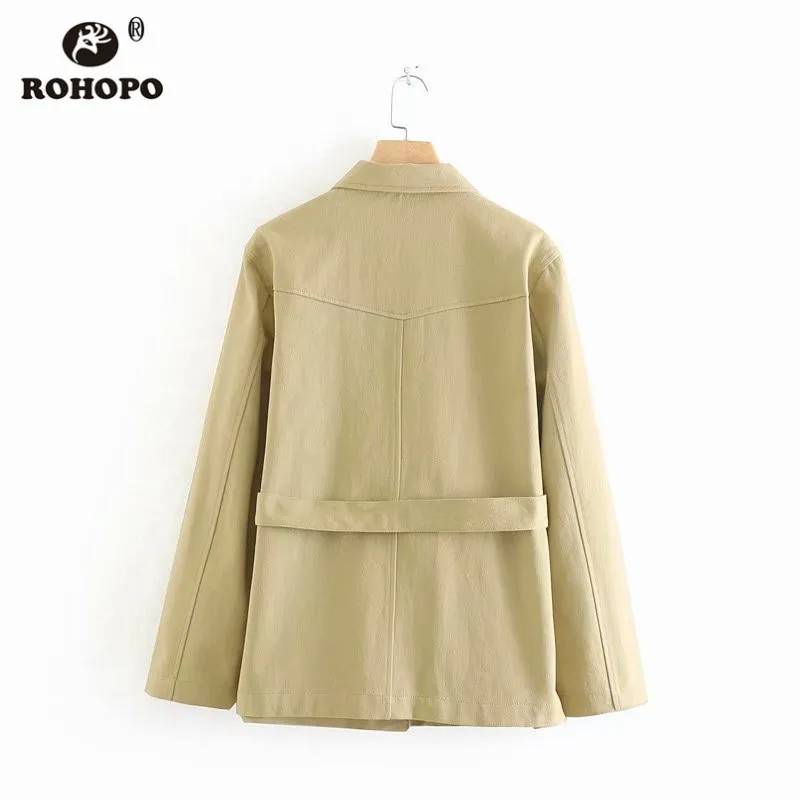 Promo  ROHOPO Woman Autumn Straight Khaki Belted Long Jacket Button Fly British Academy Solid Windbreaker 