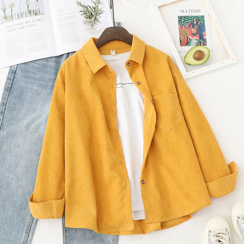 Camisas de pana para mujer, Tops y blusas para mujer de manga larga, Camisa lisa holgada estilo Boyfriend
