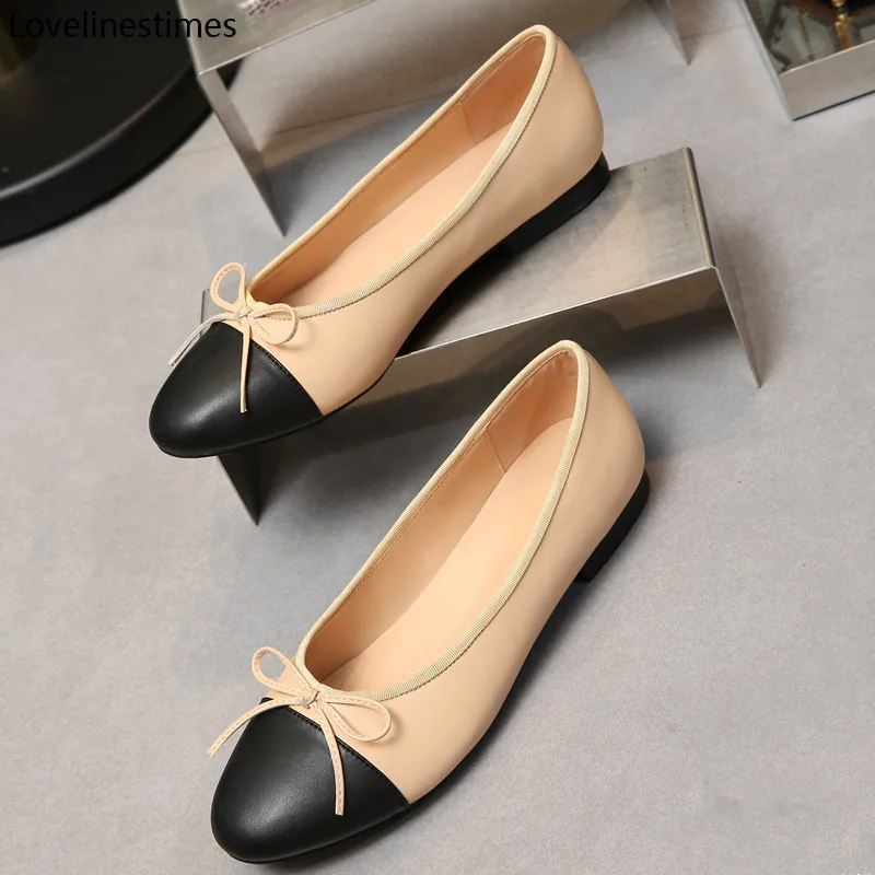 US $33.00 Ballet Flats Classic Shoes Women Basic 2021 Leather Tweed Cloth Two Color Splice Bow Round Ballet Shoe Fashion Flats Women Shoes