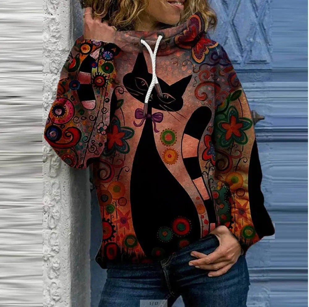 

Autumn Outerwear 2020 New Loose Hooded Cat Printed Hoodies Female Tracksuit SweatshirtsPullovers Korean Style Warm