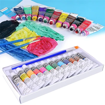 

6 ml 12 Color Professional Acrylic Paints Set Hand Painted Wall Paint Tubes Artist Draw Painting Pigment Free Brush
