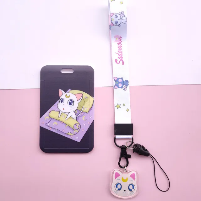 Anime Kawaii Cartoon Moon Cat Lanyard Wristband Credit Card ID Holder Bus Pass Staff Name Tag Badge Holders for Girls E
