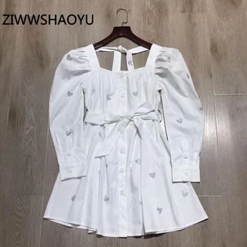 

ZIWWSHAOYU Summer Female White Square Collar Open Back Sweet Dress Designer Women Bow Belt Heart Diamonds Elegant Mini Dresses