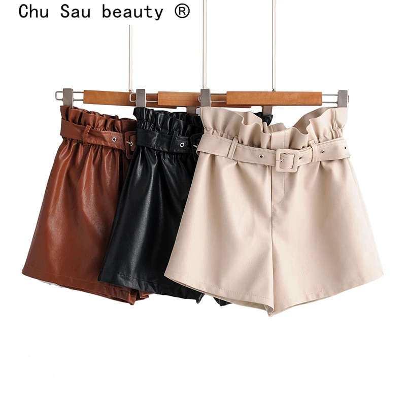Chu Sau beauty новые модные повседневные шикарные шорты из искусственной кожи женские уличные стильные короткие брюки с поясом женские шорты De Moda