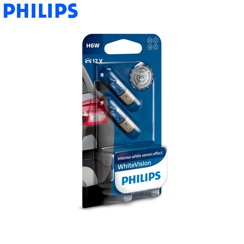 Philips H6W 12V 6W BAX9s White Vision 4000K автомобильный традиционный интерьерный светильник, автомобильные поворотные сигнальные лампы, лампы заднего хода 12036WHVB2, 2X