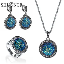 SHUANGR винтажный синий драгоценный камень женский ювелирный набор античный серебряный кристалл круглый камень кулон ожерелье серьги браслет кольца