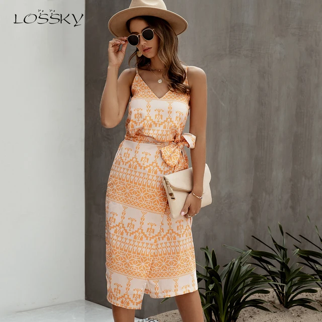 US $13.51 Lossky Cotton Dress Women Printed Summer Slip Sundress Sexy Backless Sleeveless Beach Midi Clothes 