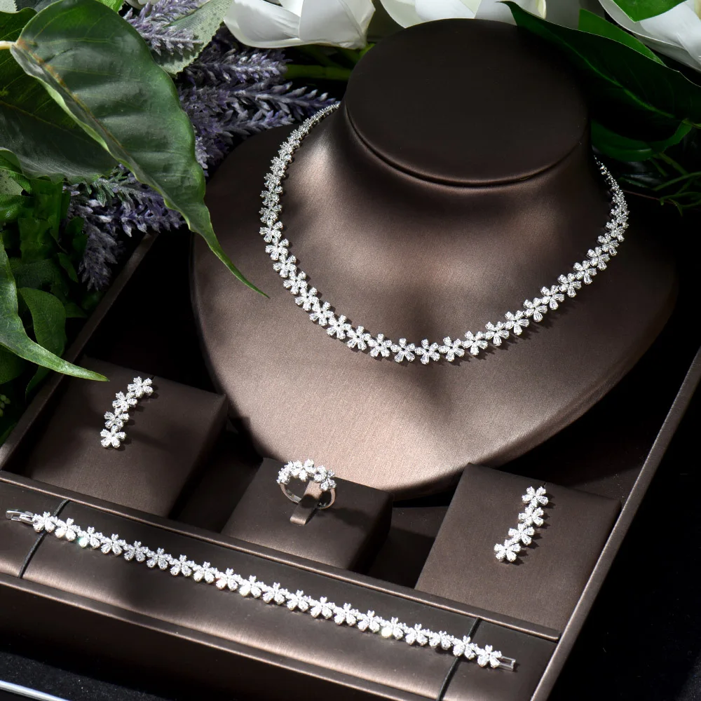 

HIBRIDE Sweet Romantic Flower Shape 4pcs Necklace Earring Set Cubic Zirconia Jewelry Set for Women Bridal Nigeria Wedding N-1266
