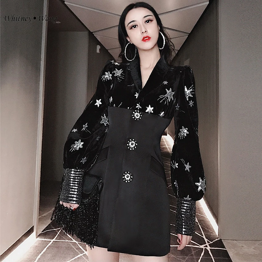 WHITNEY WANG осень зима мода уличная звезда Embraoidery бархат лоскутное тонкий мини-платье женские вечерние платья