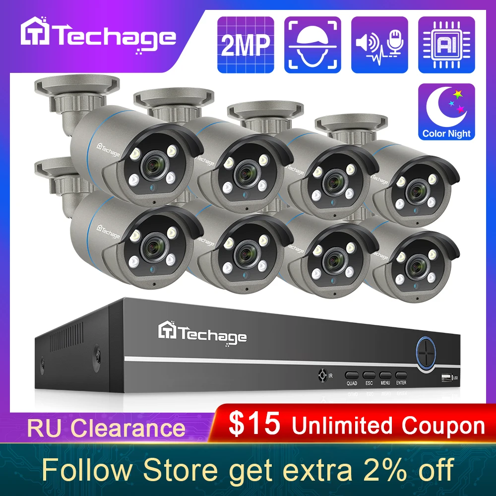 Techage H.265 8CH 1080P POE NVR комплект видеонаблюдения Системы двухстороннее аудио 2MP AI IP