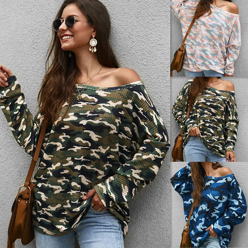 

Sexy One Shoulder Women Knitted Sweater 2019 Autumn Fashion Womens Long Sleeve Pullovers Sweaters Loose Camouflage Casual Tops