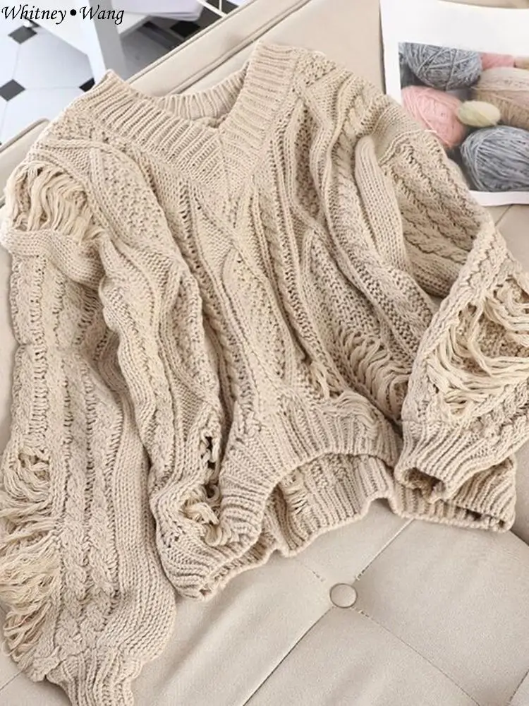 Хаки WHITNEY WANG осень мода уличная рваные дырки свитер женский джемпер Pull femme sueter mujer invierno - Цвет: Хаки