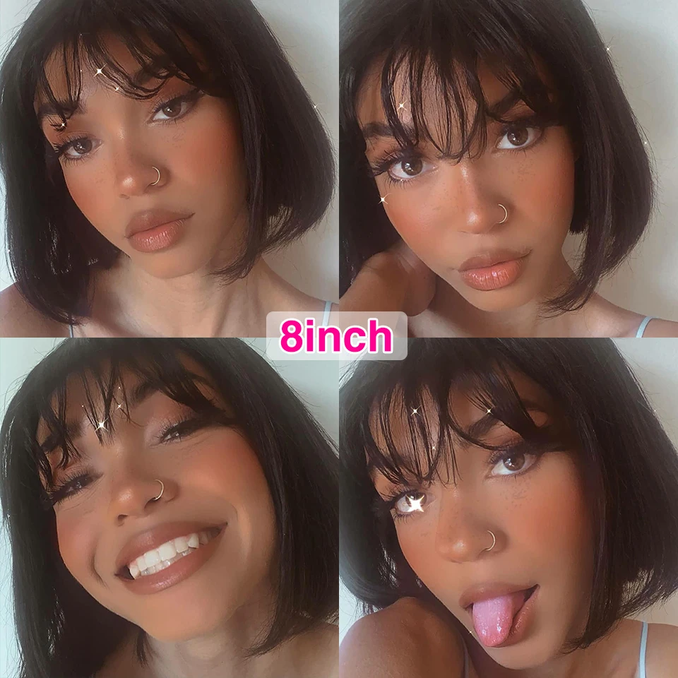 Short Bob Wigs For Black Women Natural Black Brazilian Straight Human hair Wigs With Bangs Full Machine Made Glueless Fringe Wig Short Bob Wigs For Black Women Natural Black Brazilian Straight Human hair Wigs With Bangs Full Machine Made Glueless Fringe Wig