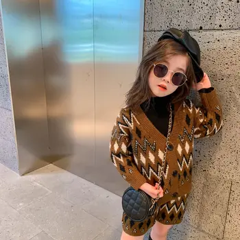 

2020 New Style for Autumn and Winter Children Girls Vintage Diamond Sweater Long Sleeve Cotton Cardigan + Shorts Two Piece Suits
