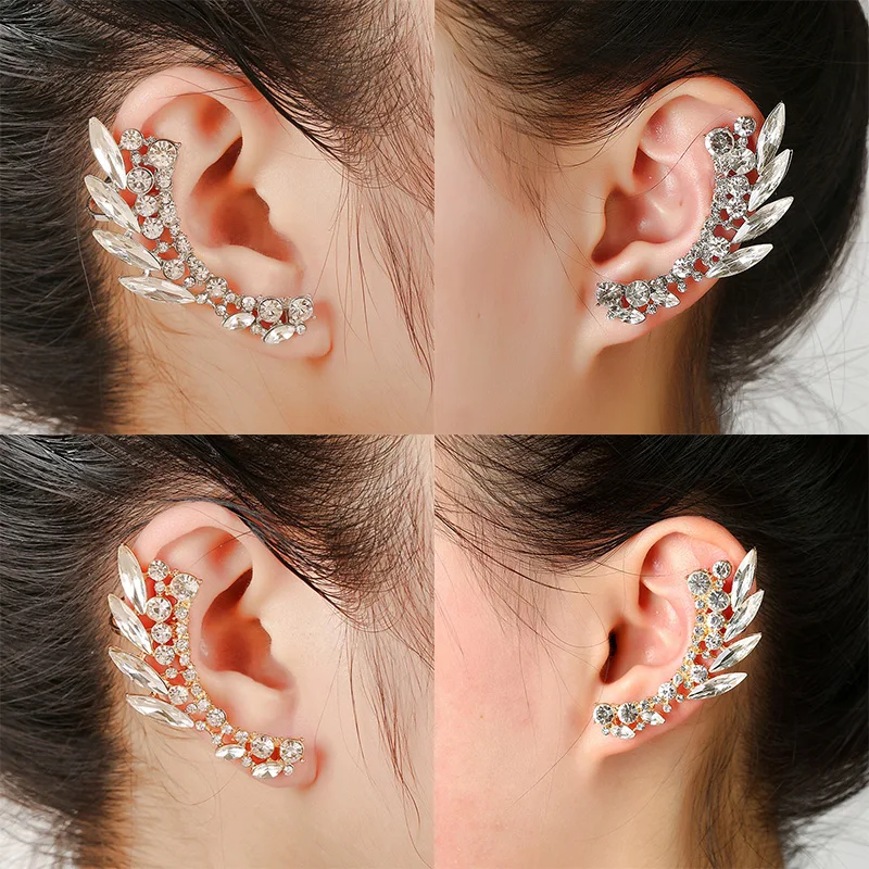 Fashion Angel Wing Full Rhinestone Ear Cuff Popular Leaf Shaped Clear Crystal Jewelry Women Gifts Party Clip Earrings | Украшения и