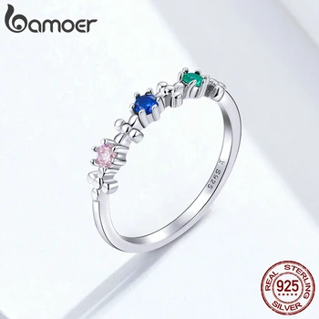 

bamoer GXR637 925 Silver Ring Colorful Rainbow Zirconia Ring Simple Minimalistic Gift for Her Glitter Fine Jewel OL Casual Style