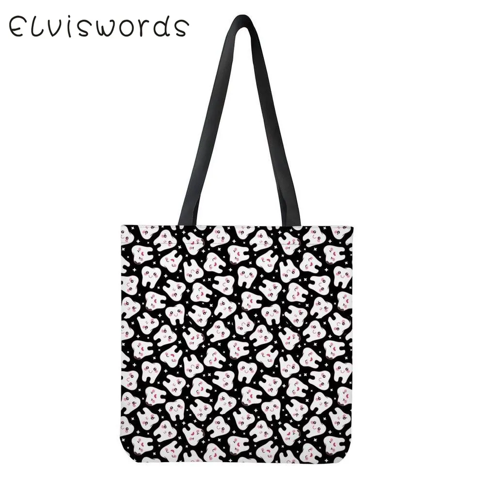 ELVISWORDS, женские сумки для покупок, Kawaii, для медсестры, стоматолога, с принтом зубов, холщовые женские сумки большой емкости, сумки Harajuku, torebki damski - Цвет: HXA206Z22