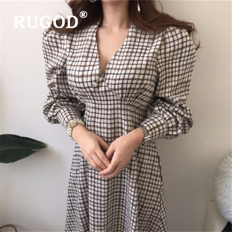 RUGOD корейское Новое весеннее клетчатое платье для женщин, v-образный вырез, Пышный рукав, Империя, тонкое длинное платье, модное элегантное Сексуальное Женское Платье