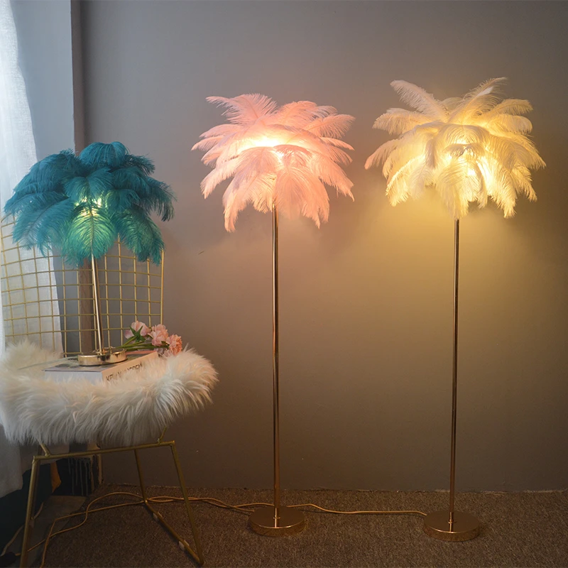 Lampadaire en plumes de décoration nordique, lampe sur pied en résine de  1,2 m à trois couleurs à intensité variable, avec lampe de chevet à  interrupteur au pied, lampe sur pied en