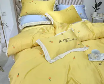 

Hipster Pastoral Style Summer Wind 60 Tencel Four-piece Set High-End Summer Viscose Small Orange Embroidered Double Bedding
