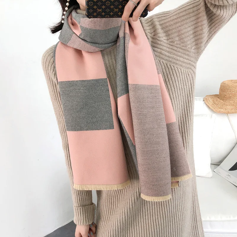 Thick Cashmere Women Winter Scarf Solid Plaid Female Pashmina Scarves Shawls and Wraps Luxury New - Цвет: Pink gray