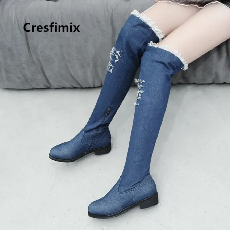 Cresfimix/botas de mujer; женские модные милые джинсовые ботинки высокого качества на высоком каблуке; красивые женские осенние синие ботинки; черная обувь; a6095