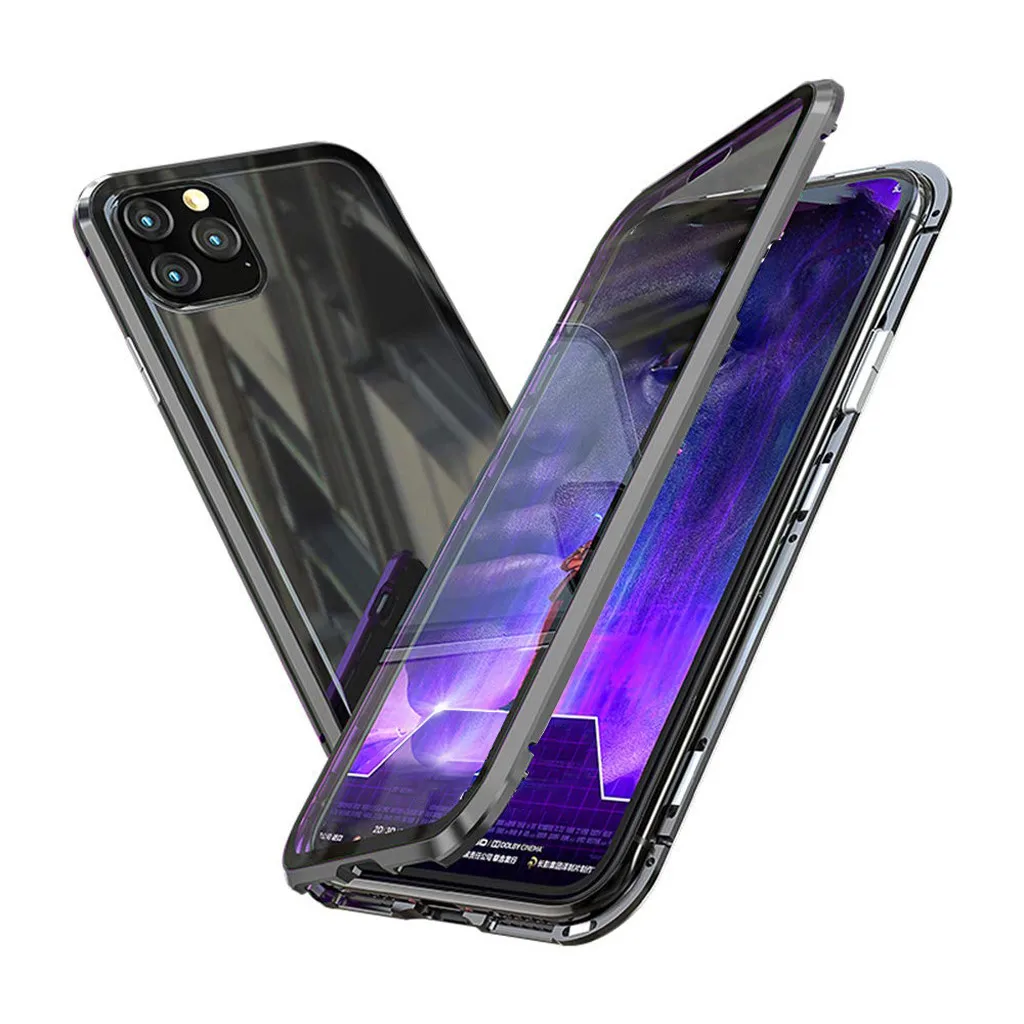 Глянцевый чехол для iPhone 11 11 Pro 11 Pro max 6,1 5,8 6,5 дюйма с магнитной адсорбцией, металлический бампер, стеклянный чехол - Цвет: Черный