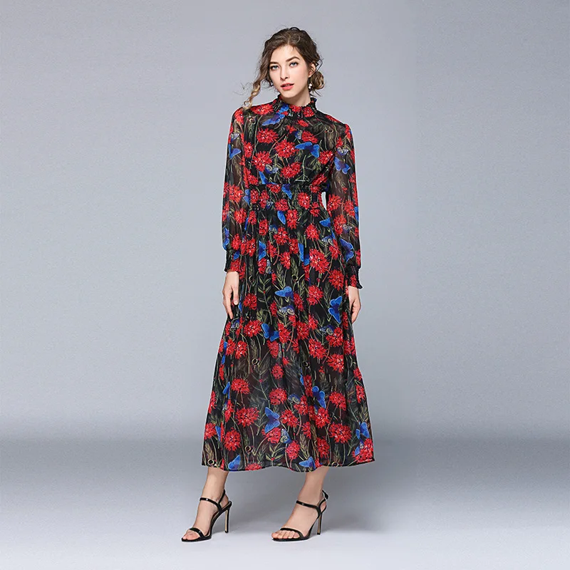 

9130 #-2019 Ozhouzhan Spring And Summer New Style Retro Elegant Elegant Printed Chiffon Dress