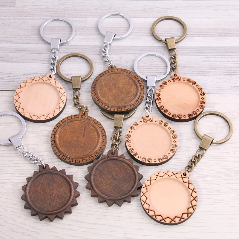 

SWEET BELL 5pcs 30mm 4 Style Round Wood Cabochon Settings Metal Keyring Accessories Diy Blank Wooden Base Trays For Key Chain